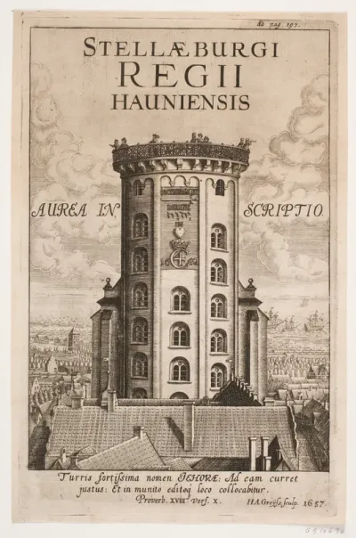 Rundetårn i København. Illustration til Thomas Bang, "Phosphorus inscriptionis Hierosymbolicæ paræneticus & ...", 1657