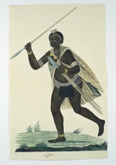 Running man holding an assegai in his right hand and four assegais in his left