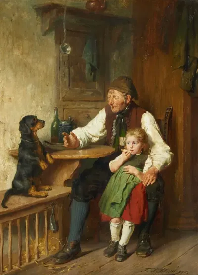 Rural interior with grandfather, granddaughter and dog
