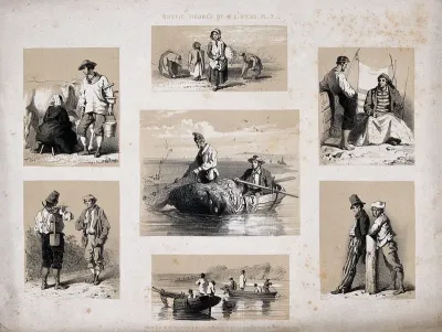 Rural life: seven scenes, including milking, gleaning, and fishing