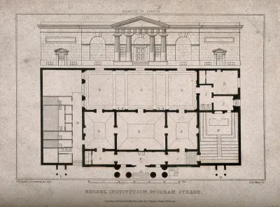 Russell Institution, Great Coram Street, London: the facade, above, floor plan, below, with a scale of feet