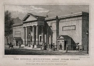 Russell Institution, Great Coram Street, London: the facade, with passers-by