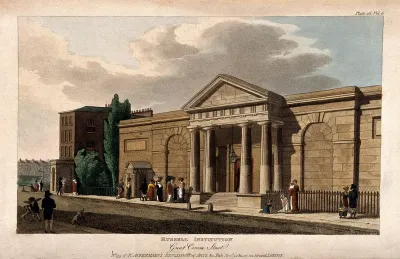 Russell Institution, Great Coram Street, London: the facade, with passers-by