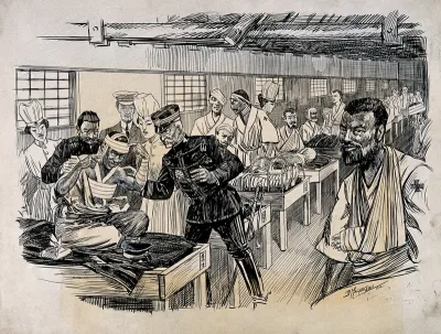 Russo-Japanese War: A Field Hospital Ward with an Inspection of the First Wounded Japanese to Arrive Home