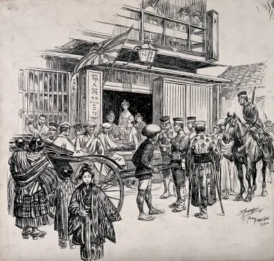 Russo-Japanese War: a street scene in Tokyo with wounded Japanese sitting in a cart