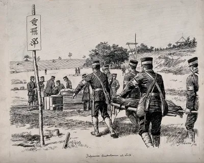 Russo-Japanese War: Japanese ambulance men at work on a battlefield