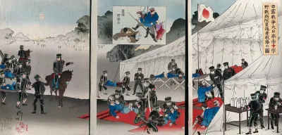 Russo-Japanese War: members of the Japanese Red Cross attending to wounded Russian soldiers; inset above, two Russian soldiers attacking a Japanese woman and child