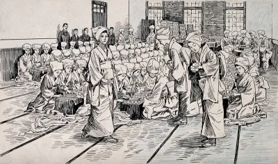 Russo-Japanese War: rows of women in a large warehouse making bandages for the wounded Japanese