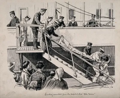 Russo-Japanese War: taking wounded men on stretchers off the hospital ship "Kobe Maru"