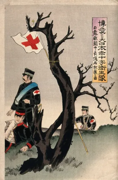 Russo-Japanese War: two Red Cross officers with a wounded Japanese soldier; in the foreground, a bamboo pole surmounted by the Red Cross flag is tied to a dead tree