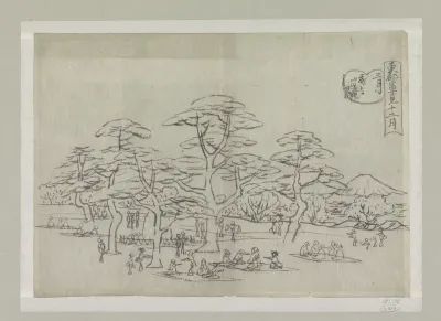 Rust van pelgrims onder hoge bomen, rechts op de achtergrond de Fujiyama