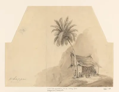 Rustend dansgezelschap bij een warong (warung), twee ruiters op de helling, Priangan, West-Java