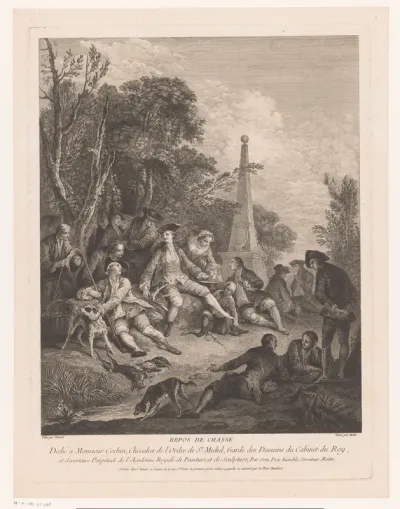 Rustend jachtgezelschap bij een obelisk