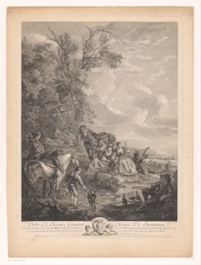 Rustend jachtgezelschap in een landschap