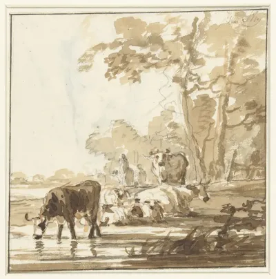 Rustend vee aan een bosrand bij een poel