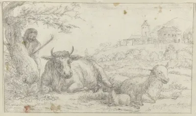 Rustend vee in een landschap met herder