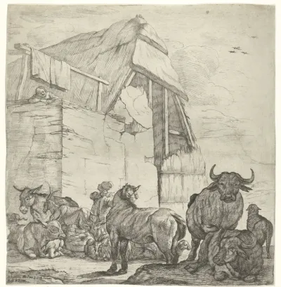 Rustend vee voor een boerderij
