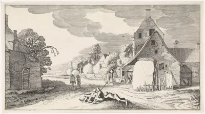 Rustende boeren langs een weg in een dorp