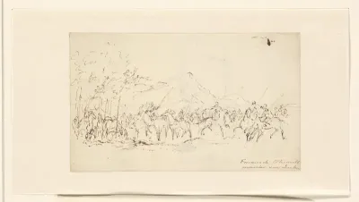 Rustende cavalerie in bergachtig landschap
