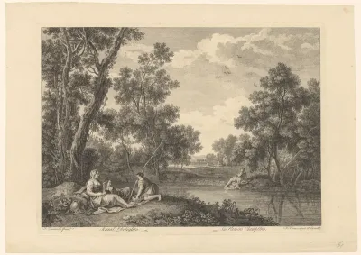 Rustende en vissende mensen in een landschap