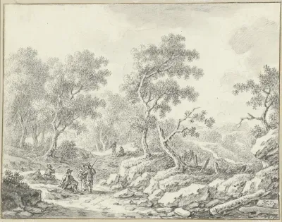 Rustende en wandelende personen in boomrijk landschap