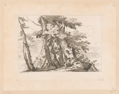 Rustende figuren bij een groep bomen