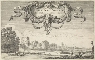 Rustende figuren in een landschap met koeien en een toren