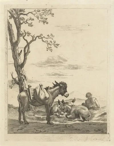 Rustende herder bij drie ezels