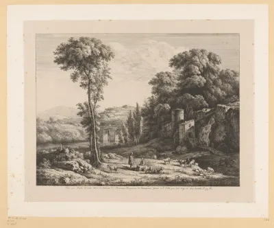 Rustende herder met kudde geiten in een landschap