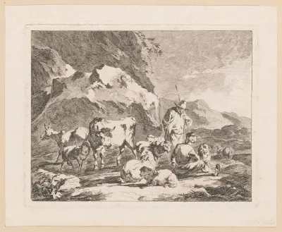 Rustende herders met kudde in een landschap