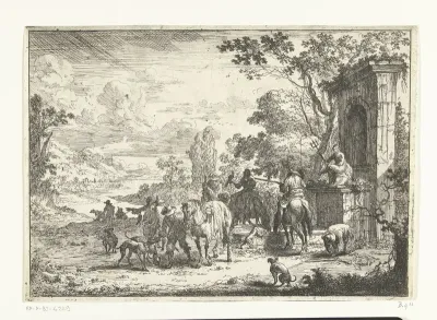 Rustende jagers bij een Neptunusfontein