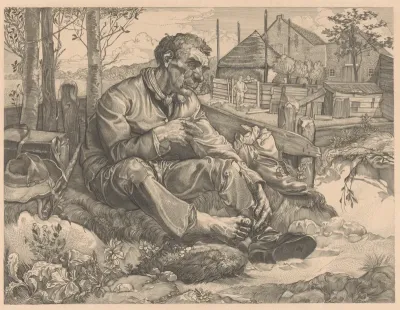 Rustende man bij boerderij