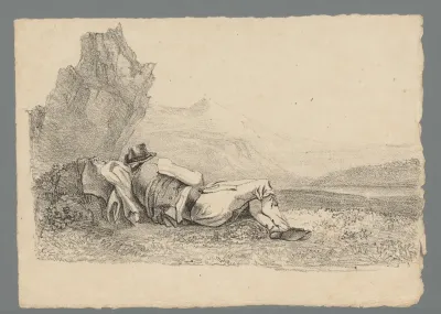 Rustende man in een berglandschap