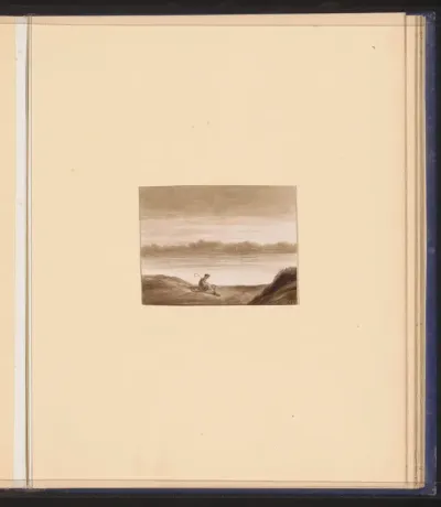 Rustende reiziger aan een waterkant