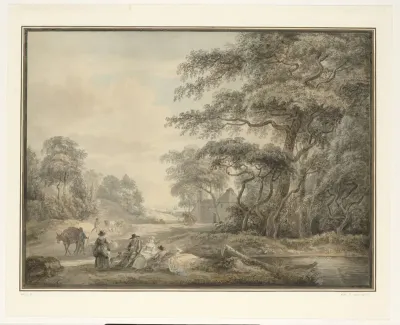 Rustende reizigers in een boomrijk landschap