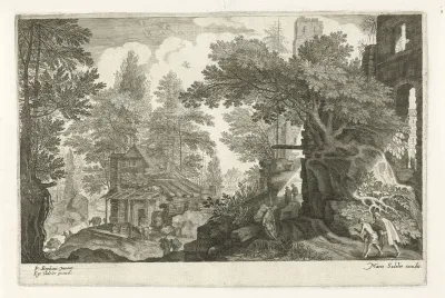Rustende reizigers in een boslandschap