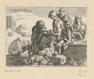 Rustende reizigers voor een dorp