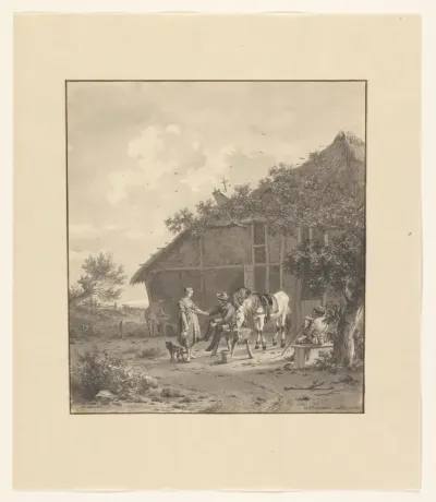 Rustende ruiter bij herberg