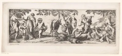 Rustende Silenus en zijn gevolg in een landschap