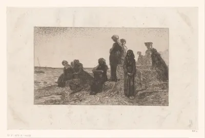 Rustende vissersvrouwen aan het water