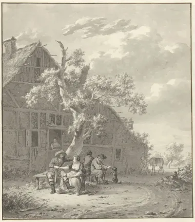 Rustende wandelaars bij herberg