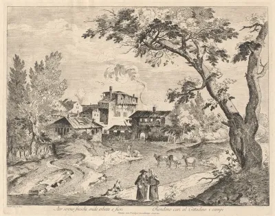 Rustic Village along a River with Travelers