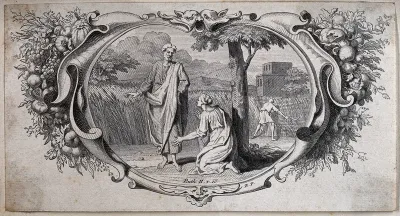 Ruth, having gleaned barley in a field owned by Boaz, is given hospitality by him