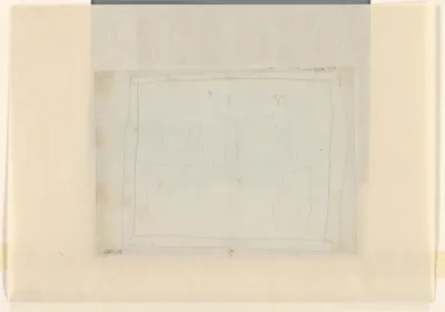 Ruwe schets (of kindertekening?) van een groep personen rond een tafel