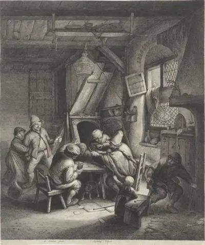 Ruziënde boeren rond een tafel