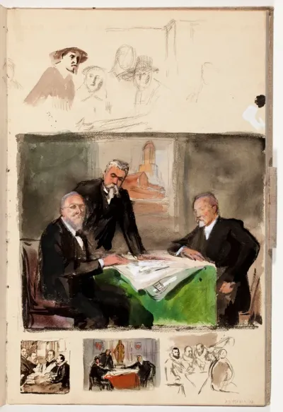 Ryhmäkuva Viipurin kaupunginvaltuuston puheenjohtajista, kirjakauppias V. Hoving, hovioikeudenneuvos, senaattori L. Clouberg ja kauppaneuvos W. Hackman.  1902, luonnoksia