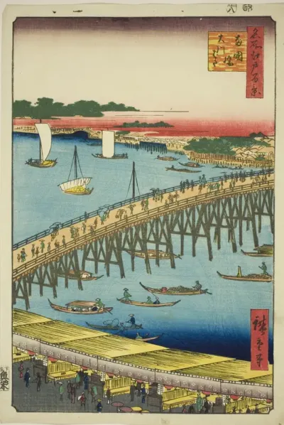 Ryogoku Bridge and the Great Riverbank (Ryogokubashi Okawabata), from the series "One Hundred Famous Views of Edo (Meisho Edo hyakkei)"