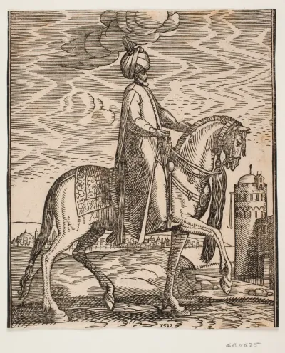 Rytter med turban; kølle hængende ved hestens højre side; profil t.h.; i baggrunden t.h. en mur med en port og et rundt tårn