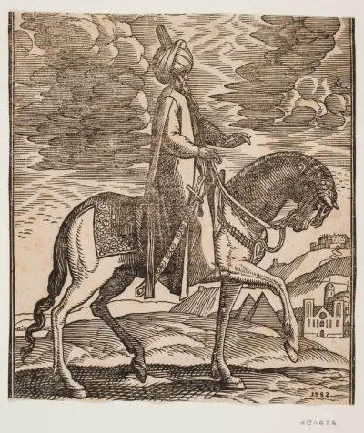 Rytter med turban, sværd langs den højre side og profil t.h.; mellem hestens forben to pyramider