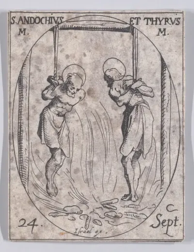 S. Andoche et S. Tyrse, martyrs (St. Andochius and Thyrsus, Martyrs), September 24th, from "Les Images De Tous Les Saincts et Saintes de L'Année" (Images of All of the Saints and Religious Events of the Year)